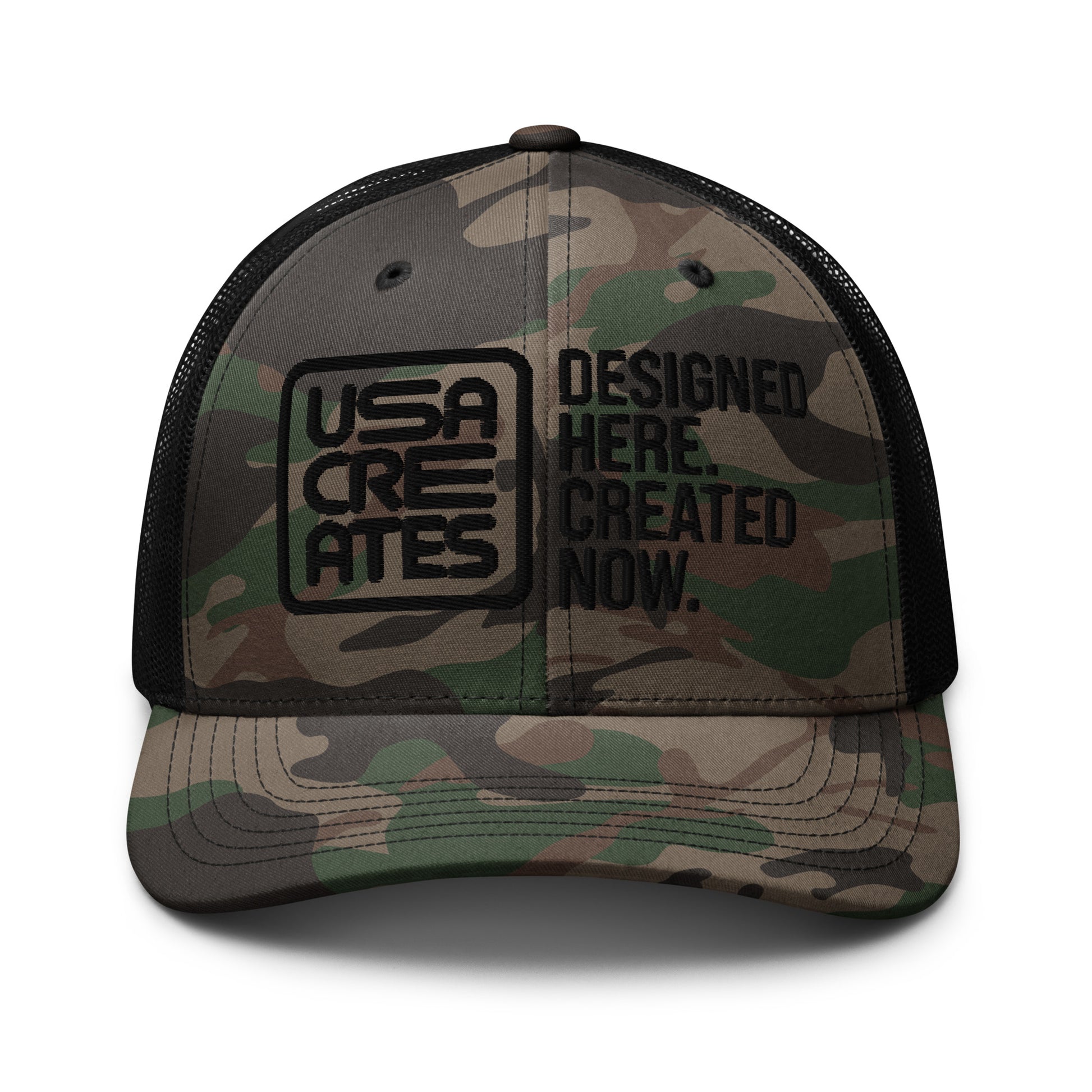 USA CREATES Camo Trucker Hat Black Stitch, camo front with black embroidered USA CREATES mark and mesh back