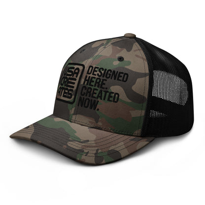 USA CREATES Camo Trucker Hat Black Stitch, left front view