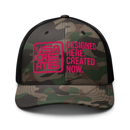 USA CREATES Camo Trucker Hat Cherry Stitch, camo front with cherry red embroidered USA CREATES mark