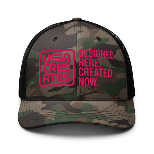 USA CREATES Camo Trucker Hat Cherry Stitch, camo front with cherry red embroidered USA CREATES mark