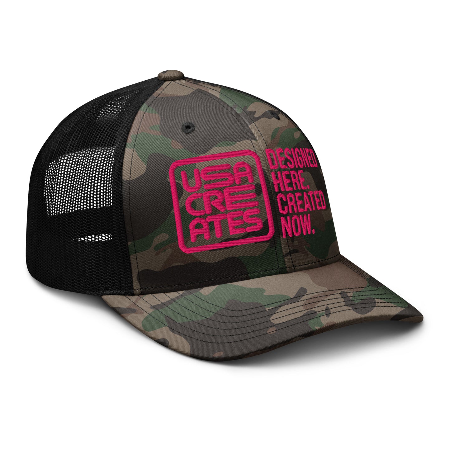 USA CREATES Camo Trucker Hat Cherry Stitch, right front view