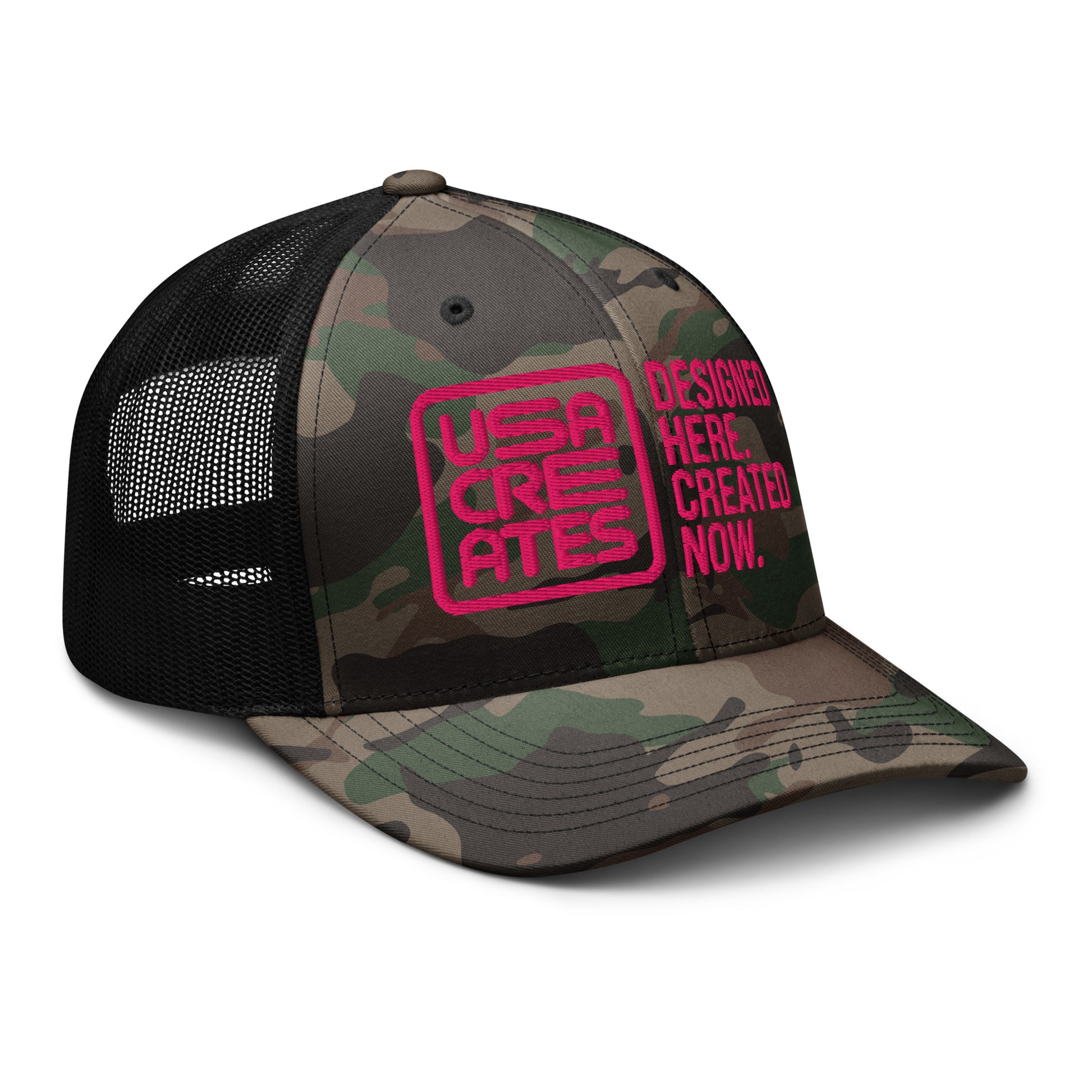 USA CREATES Camo Trucker Hat Cherry Stitch, right front view