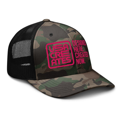 USA CREATES Camo Trucker Hat Cherry Stitch, right front view