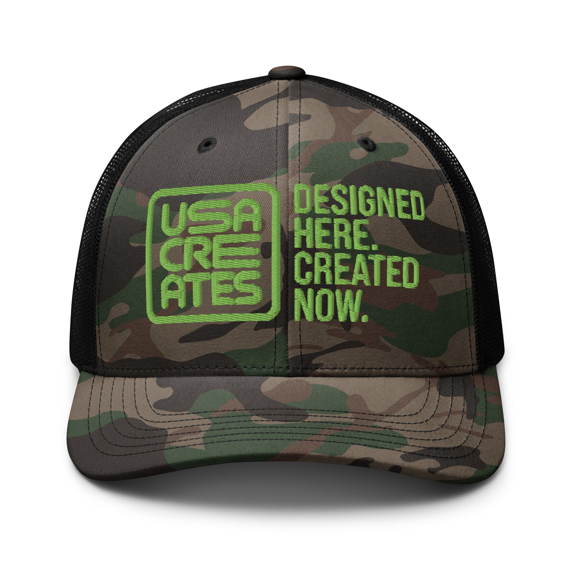 USA CREATES Camo Trucker Hat Green Stitch, camo front with green embroidered USA CREATES mark and mesh back