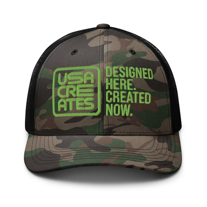 USA CREATES Camo Trucker Hat Green Stitch, camo front with green embroidered USA CREATES mark and mesh back