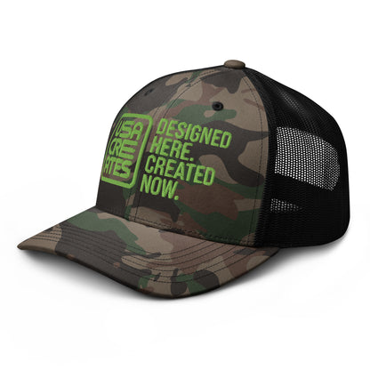 USA CREATES Camo Trucker Hat Green Stitch, left front view