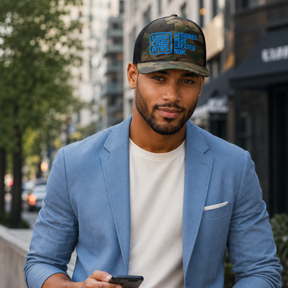 USA CREATES Camo Trucker Sky Stitch, camo trucker hat with sky blue embroidered USA CREATES logo worn by a man in a blue blazer in a city street editorial portrait