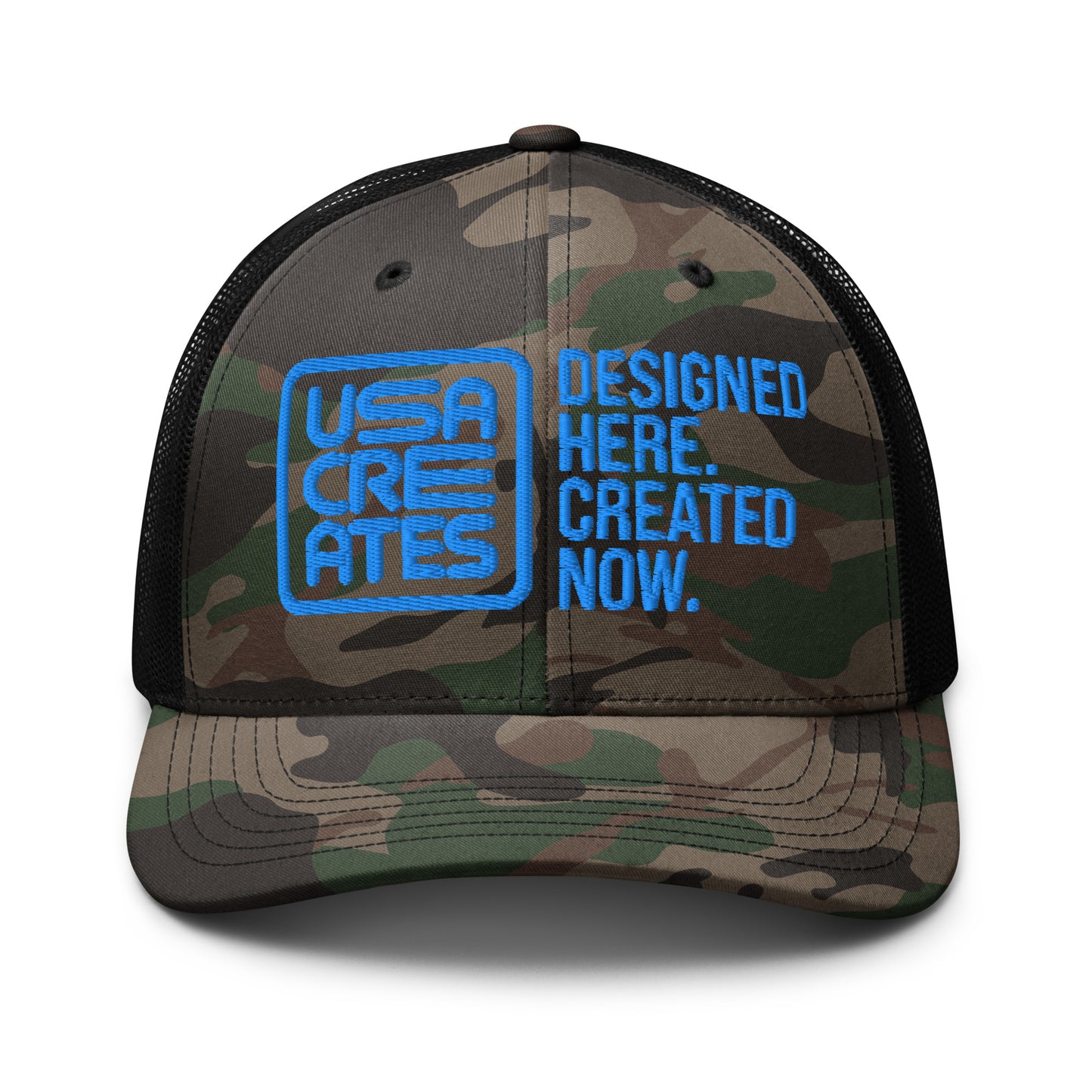 USA CREATES Camo Trucker Hat Sky Stitch, camo front with sky blue embroidered USA CREATES mark