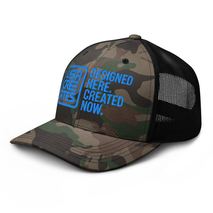 USA CREATES Camo Trucker Hat Sky Stitch, left front view