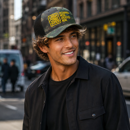 USA CREATES Camo Trucker Sun Stitch, camo trucker hat with sun yellow embroidered USA CREATES logo worn by a man in a dark shirt on a city street editorial portrait