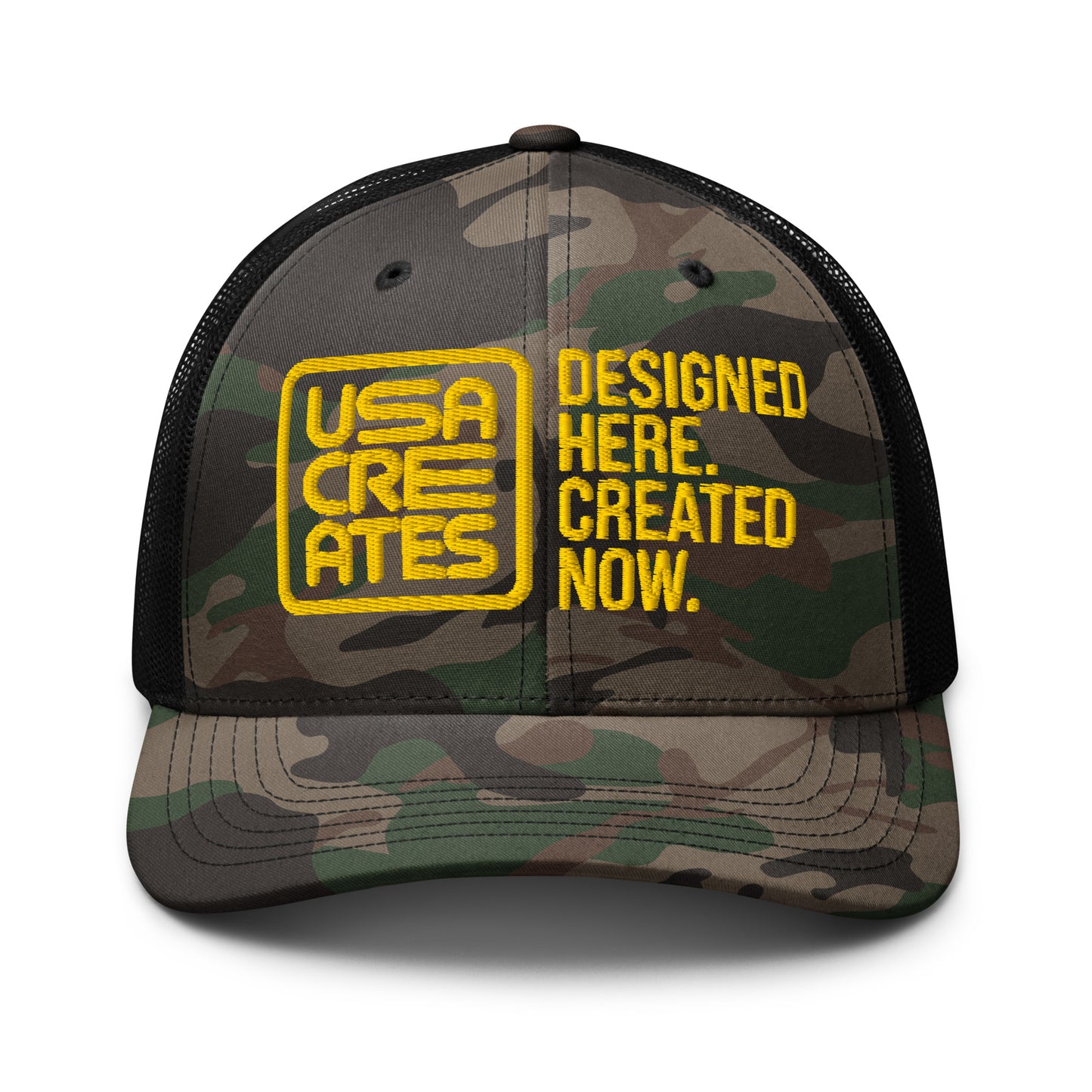 USA CREATES Camo Trucker Hat Sun Stitch, camo front with sun yellow embroidered USA CREATES mark
