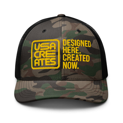 USA CREATES Camo Trucker Hat Sun Stitch, camo front with sun yellow embroidered USA CREATES mark