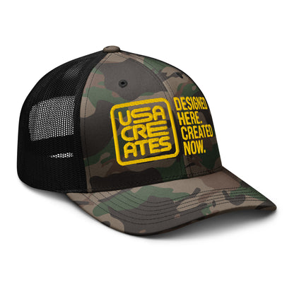 USA CREATES Camo Trucker Hat Sun Stitch, right front view