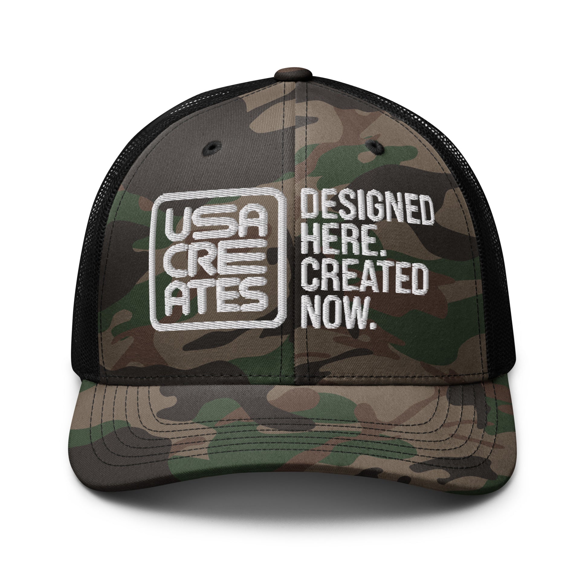 USA CREATES Camo Trucker Hat White Stitch, camo front with white embroidered USA CREATES mark and mesh back