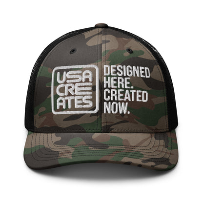 USA CREATES Camo Trucker Hat White Stitch, camo front with white embroidered USA CREATES mark and mesh back