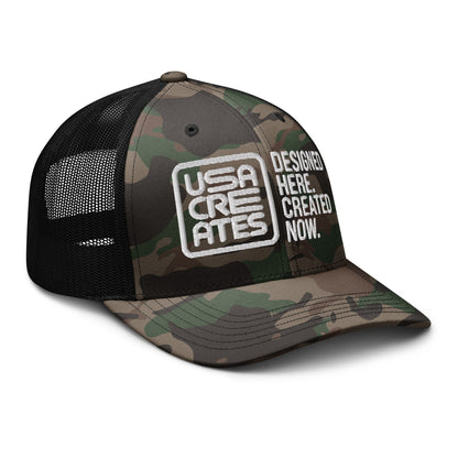 USA CREATES Camo Trucker Hat White Stitch, right front view