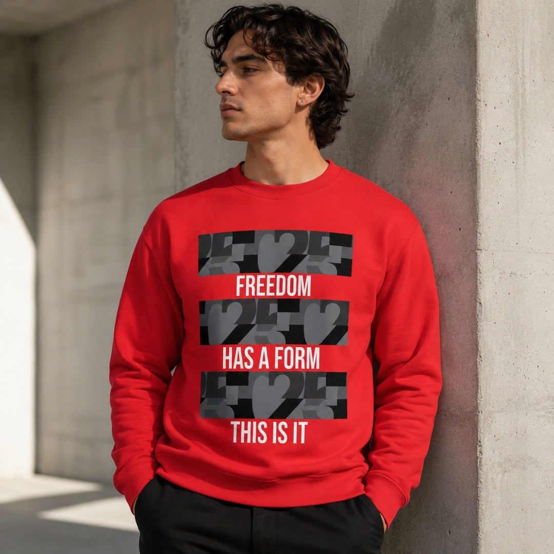 USA CREATES Freedom Form Sweatshirt, red version shown in modern American editorial portrait