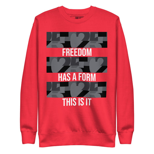 USA CREATES Freedom Form Sweatshirt, red front view with Freedom Has a Form typography and layered 250 form design