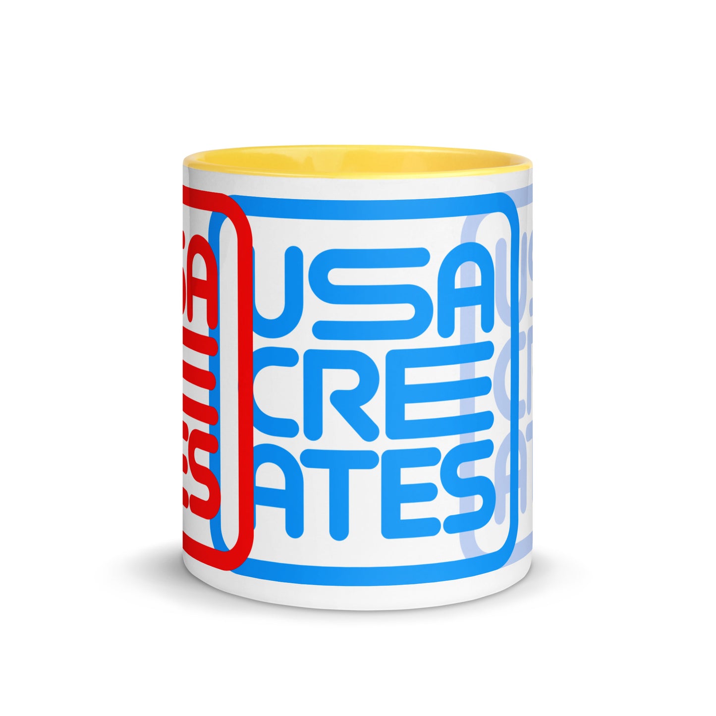 USA CREATES Primary Mug Day & Night, yellow interior 11 oz front view with geometric USA CREATES design