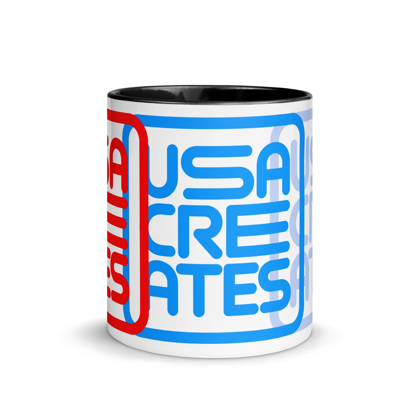 USA CREATES Primary Mug Day & Night, black interior 11 oz front view with geometric USA CREATES design