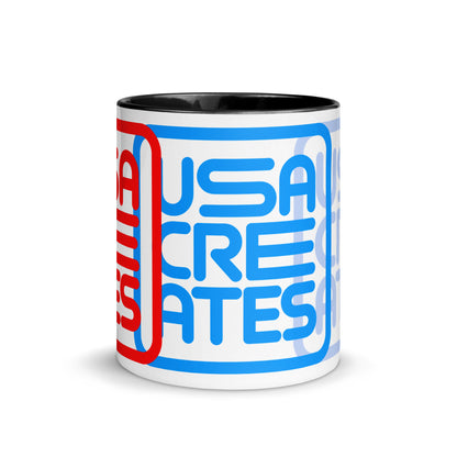 USA CREATES Primary Mug Day & Night, black interior 11 oz front view with geometric USA CREATES design