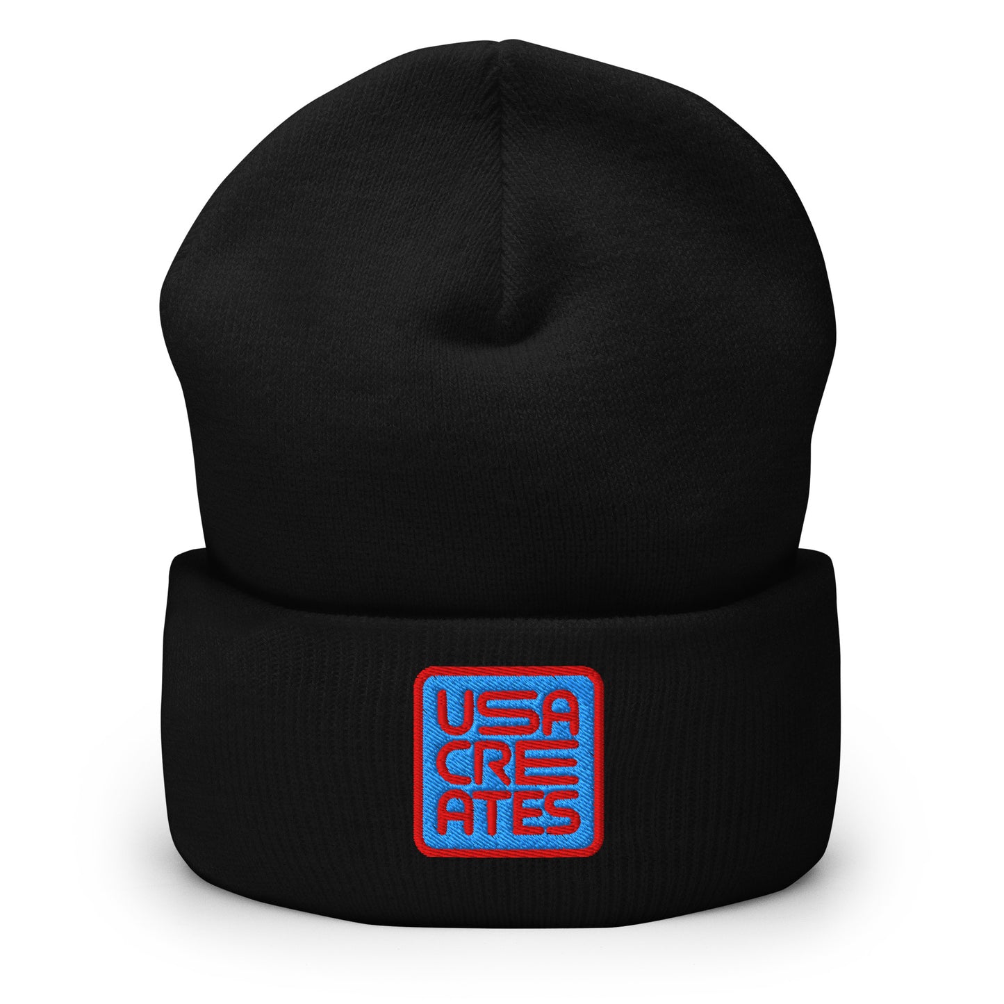USA CREATES Signature Blue Base Beanie, black front view with embroidered USA CREATES mark