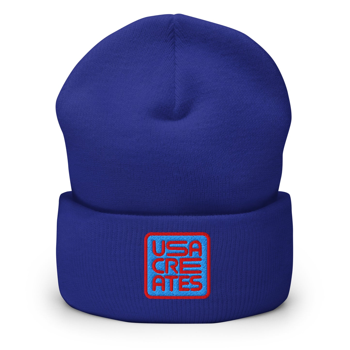 USA CREATES Signature Blue Base Beanie, blue front view with embroidered USA CREATES mark
