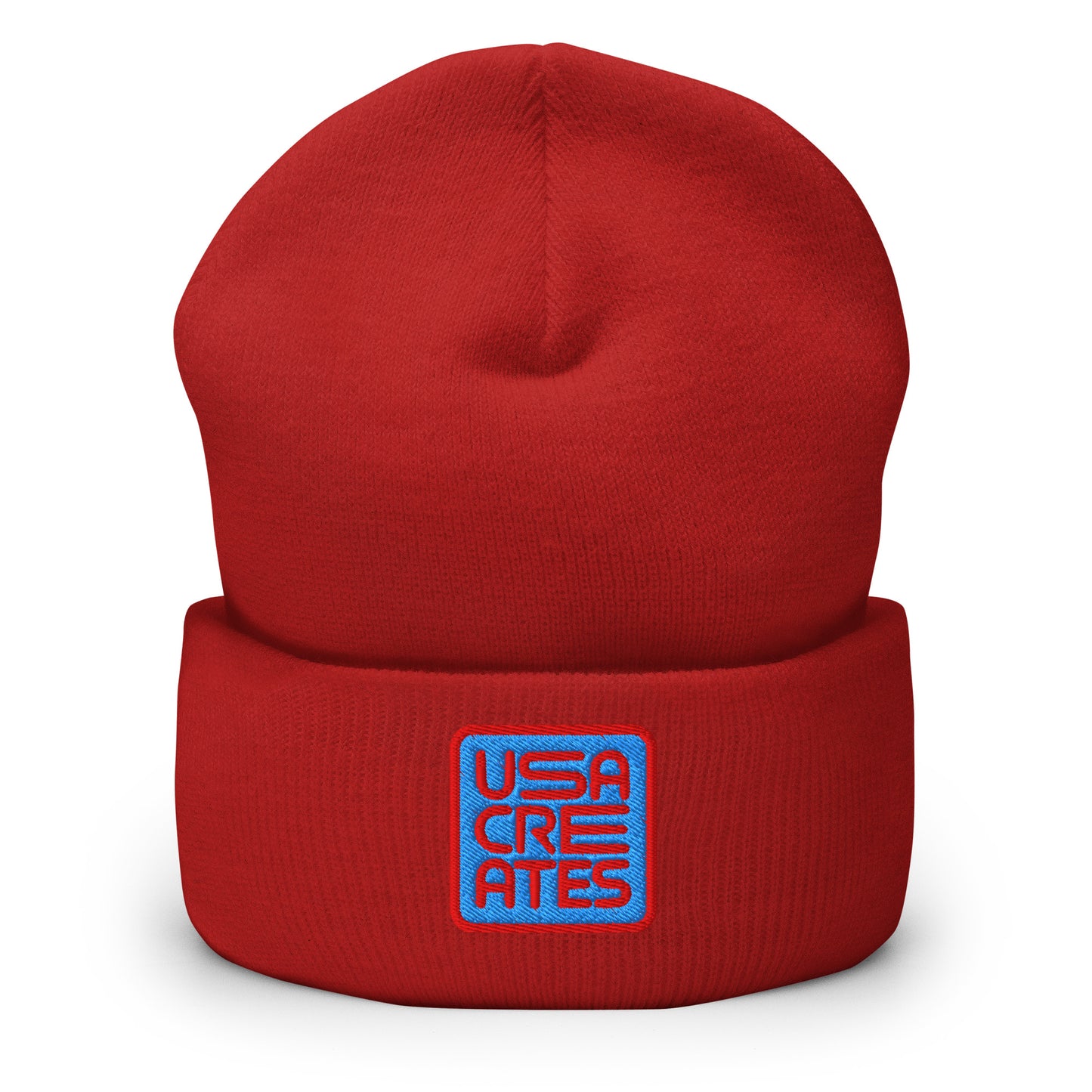 USA CREATES Signature Blue Base Beanie, red front view with embroidered USA CREATES mark