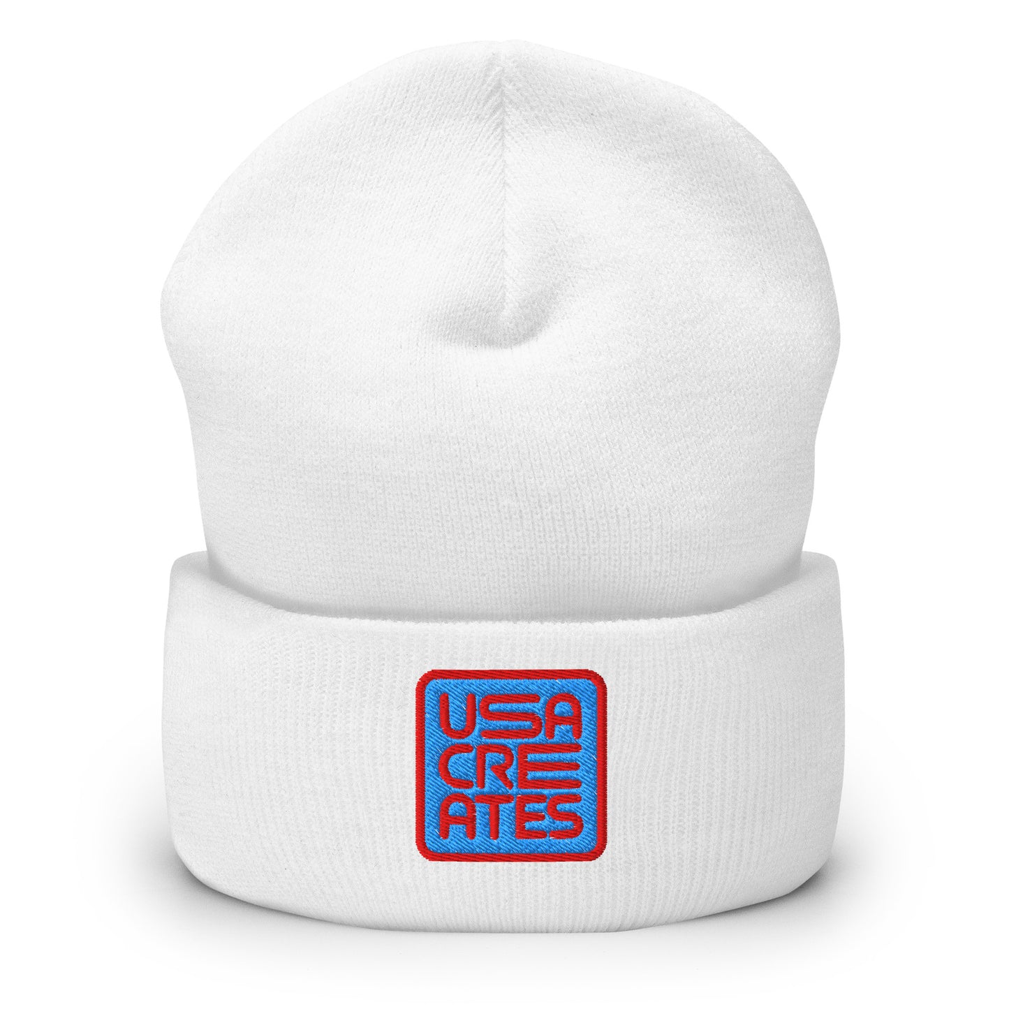 USA CREATES Signature Blue Base Beanie, white front view with embroidered USA CREATES mark