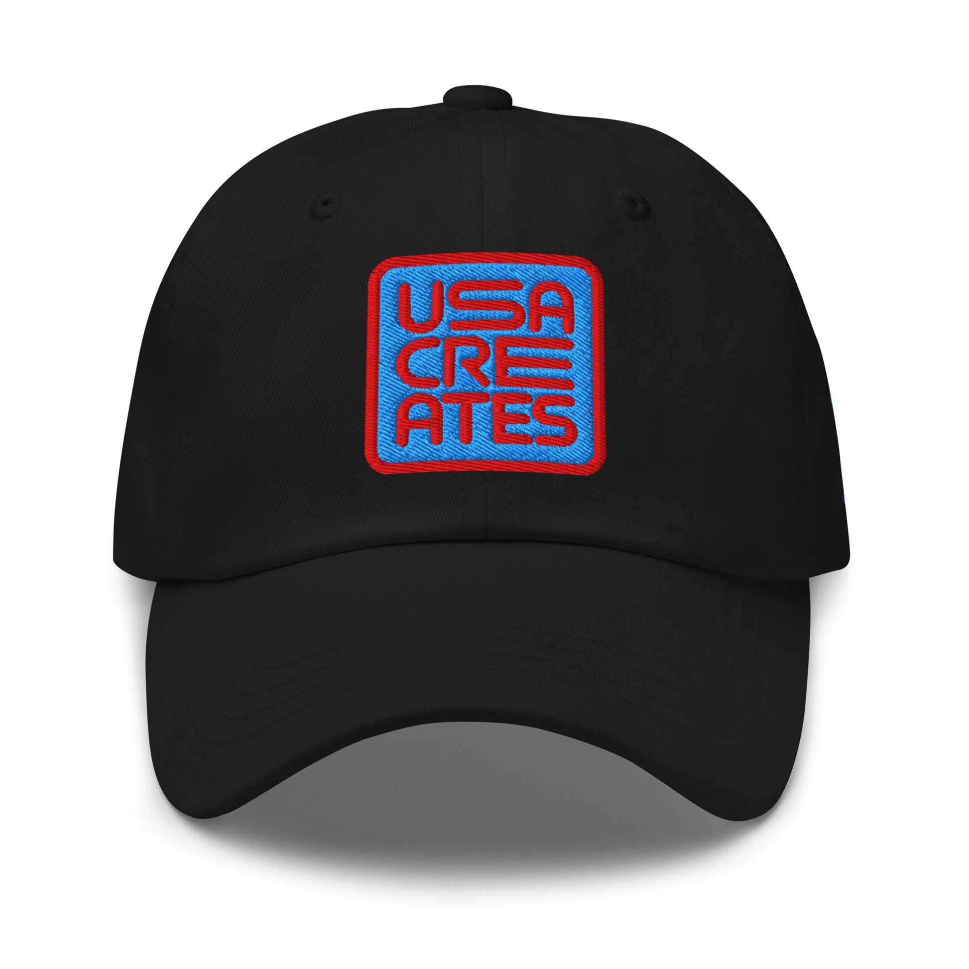USA CREATES Signature Blue Base Cap, black front view with embroidered USA CREATES mark