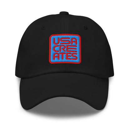 USA CREATES Signature Blue Base Cap, black front view with embroidered USA CREATES mark