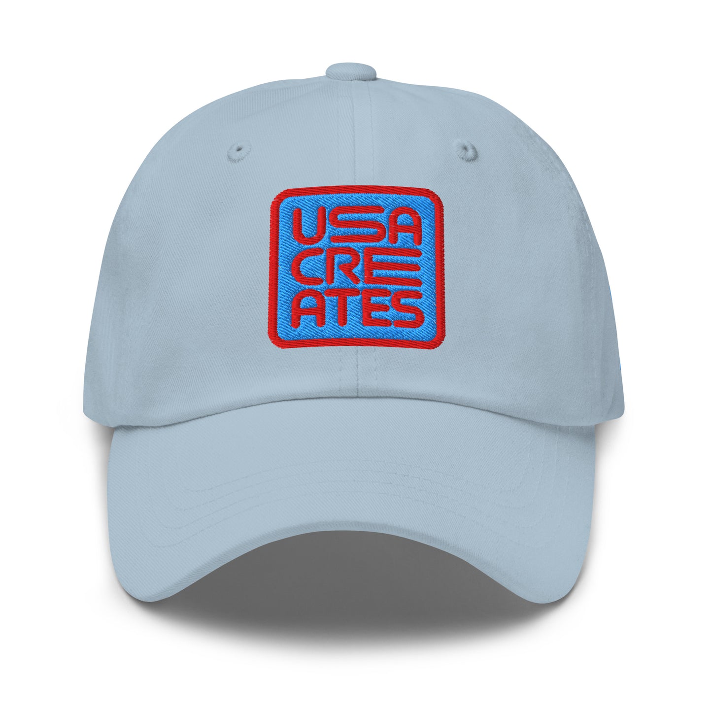 USA CREATES Signature Blue Base Cap, light blue front view with embroidered USA CREATES mark