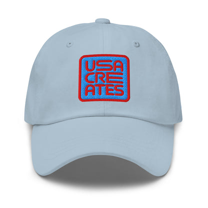 USA CREATES Signature Blue Base Cap, light blue front view with embroidered USA CREATES mark