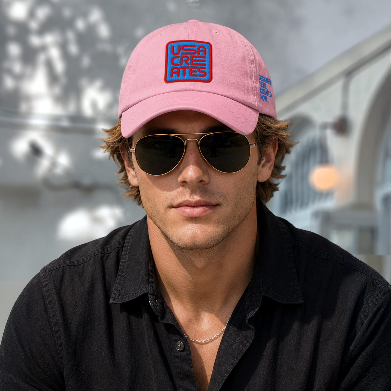 USA CREATES Signature Blue Base Cap, pink color worn in warm outdoor editorial