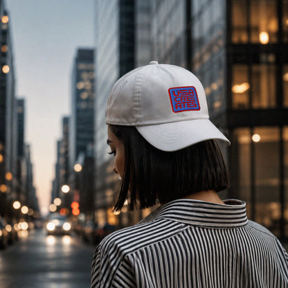 USA CREATES Signature Blue Base Cap, worn in city lifestyle
