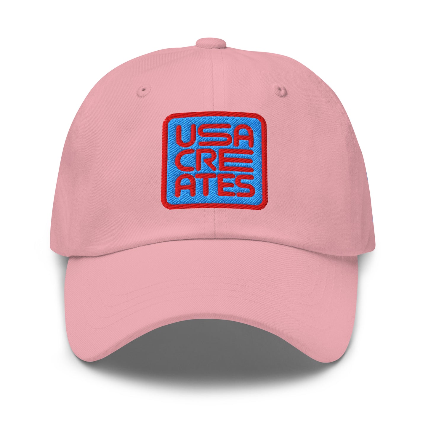 USA CREATES Signature Blue Base Cap, pink front view with embroidered USA CREATES mark