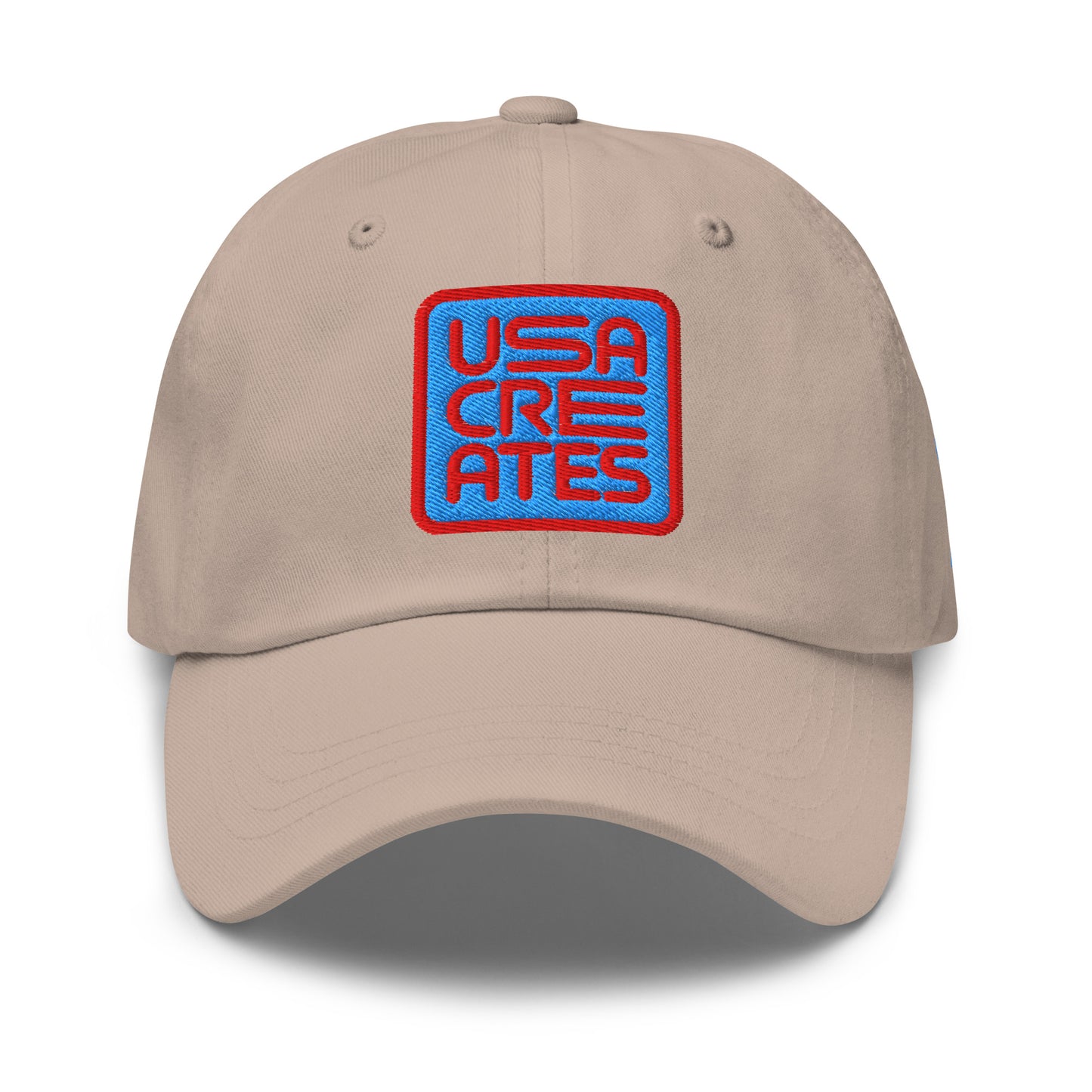 USA CREATES Signature Blue Base Cap, stone front view with embroidered USA CREATES mark