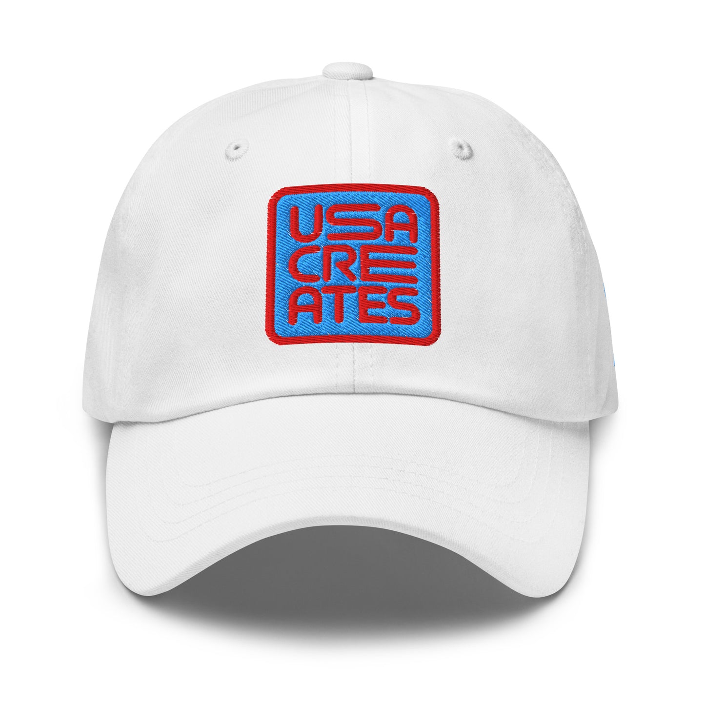 USA CREATES Signature Blue Base Cap, white front view with embroidered USA CREATES mark