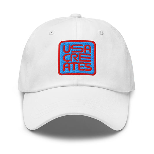USA CREATES Signature Blue Base Cap, white front view with embroidered USA CREATES mark