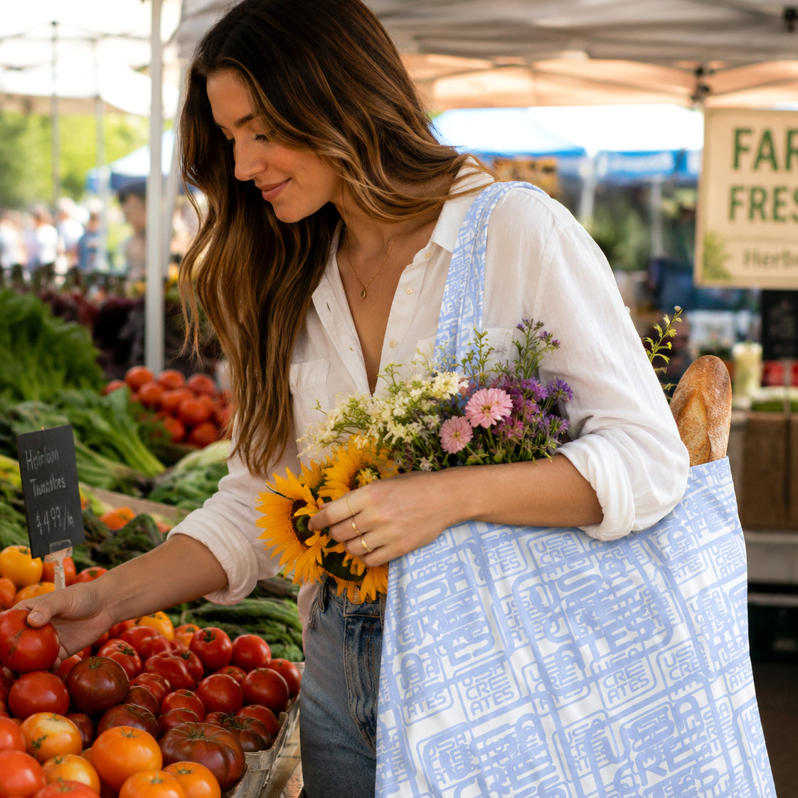 USA CREATES Signature Carry Bag, shown in farmers market portrait