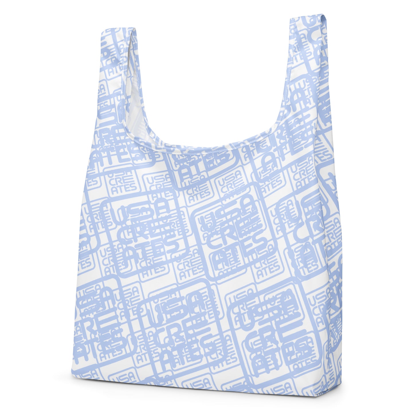 USA CREATES Signature Carry Bag, white left front view with cool gray USA CREATES logo geometric pattern