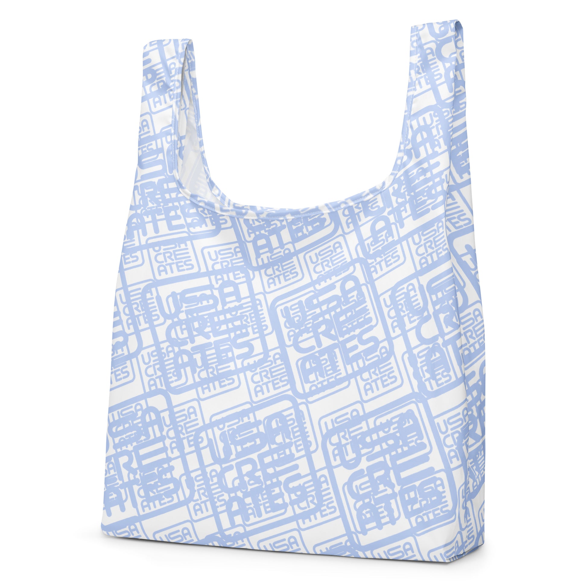 USA CREATES Signature Carry Bag, white left front view with cool gray USA CREATES logo geometric pattern