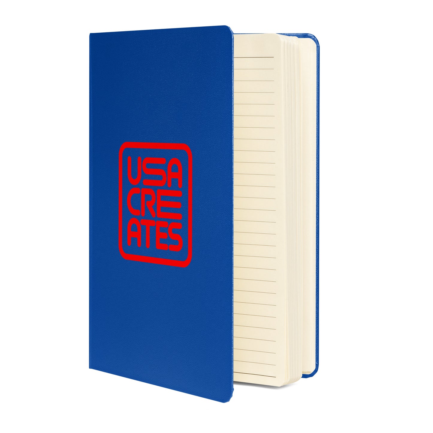 USA CREATES Signature Notebook, blue hardcover open showing interior pages with blue ribbon bookmark and back pocket detail