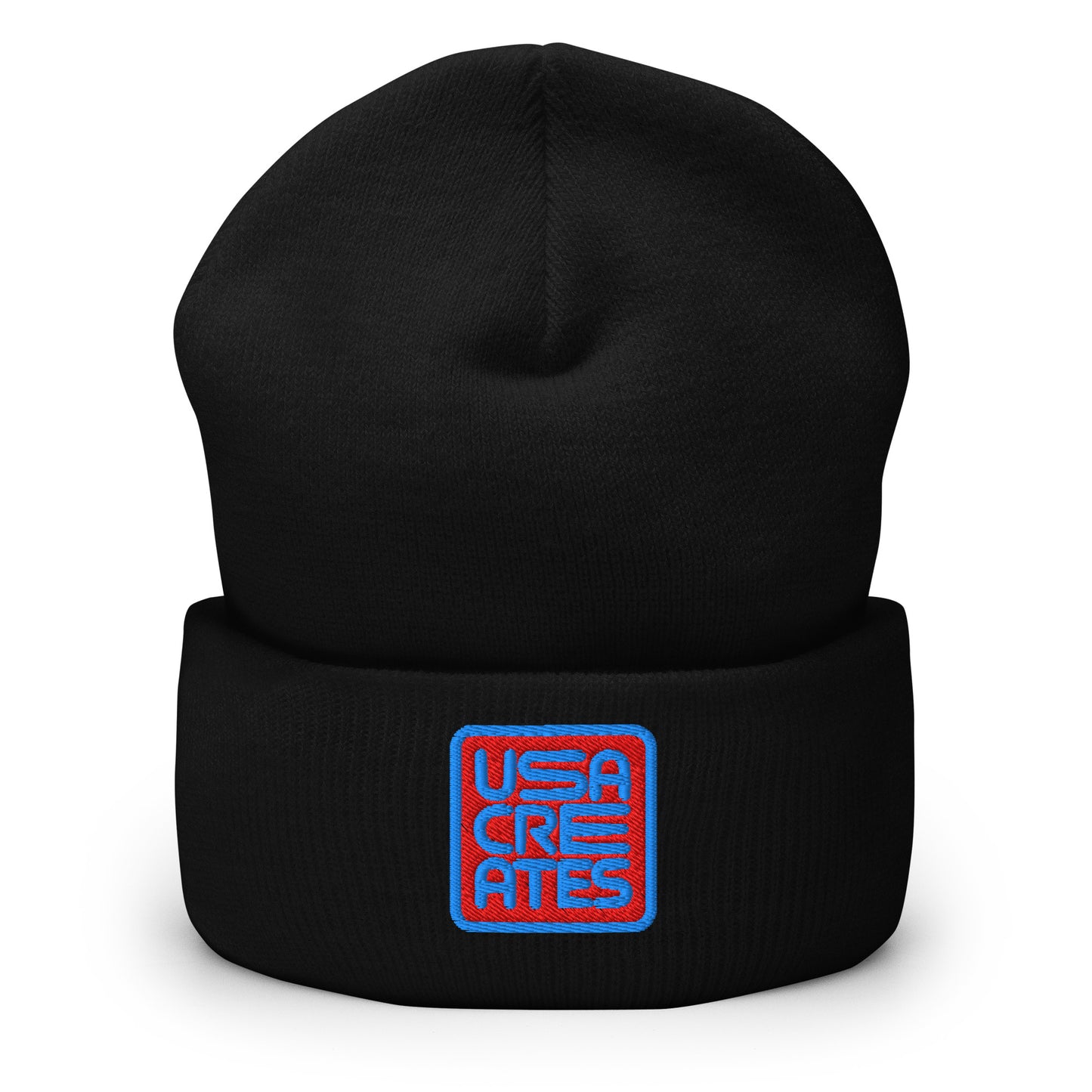 USA CREATES Signature Red Base Beanie, black front view with embroidered USA CREATES mark
