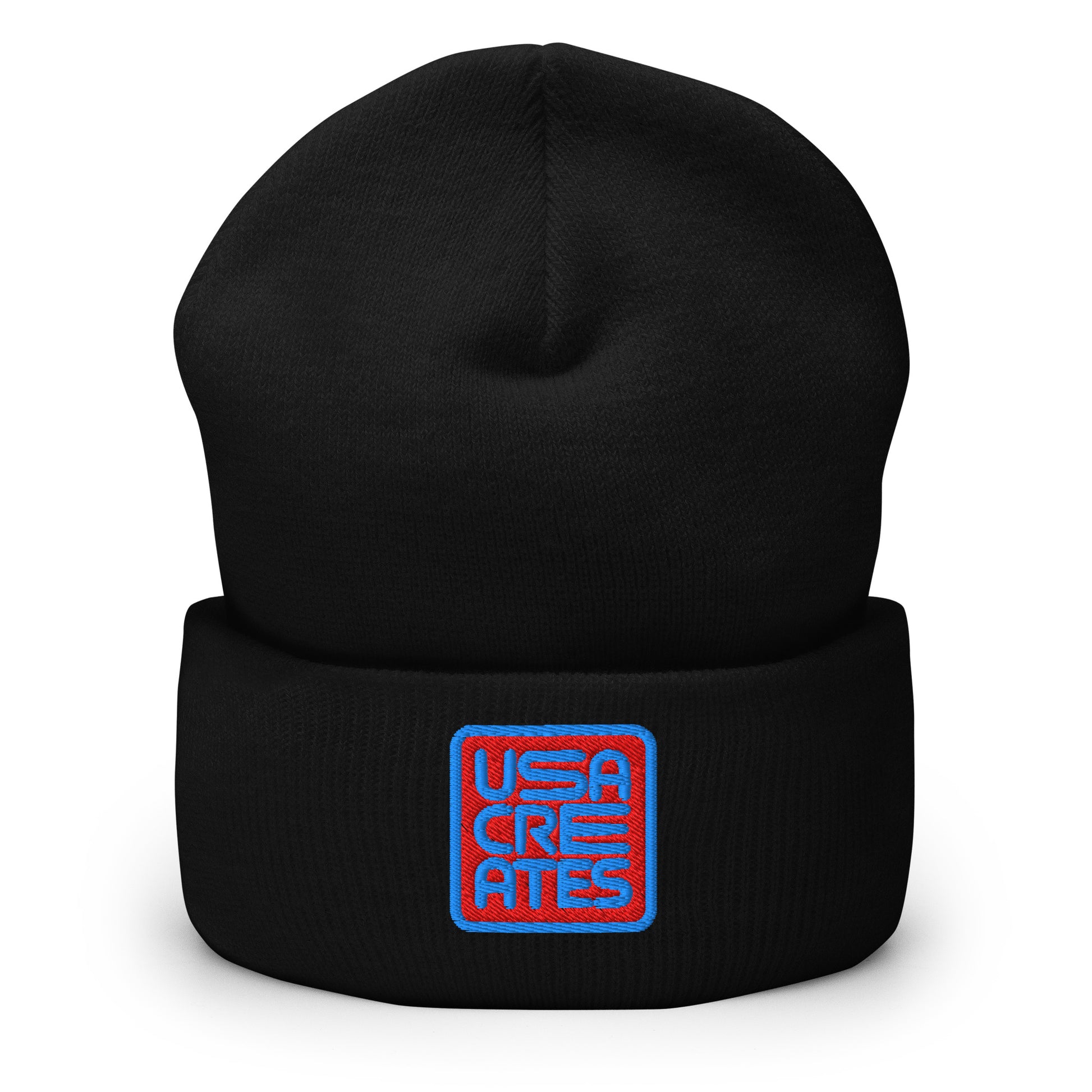 USA CREATES Signature Red Base Beanie, black front view with embroidered USA CREATES mark