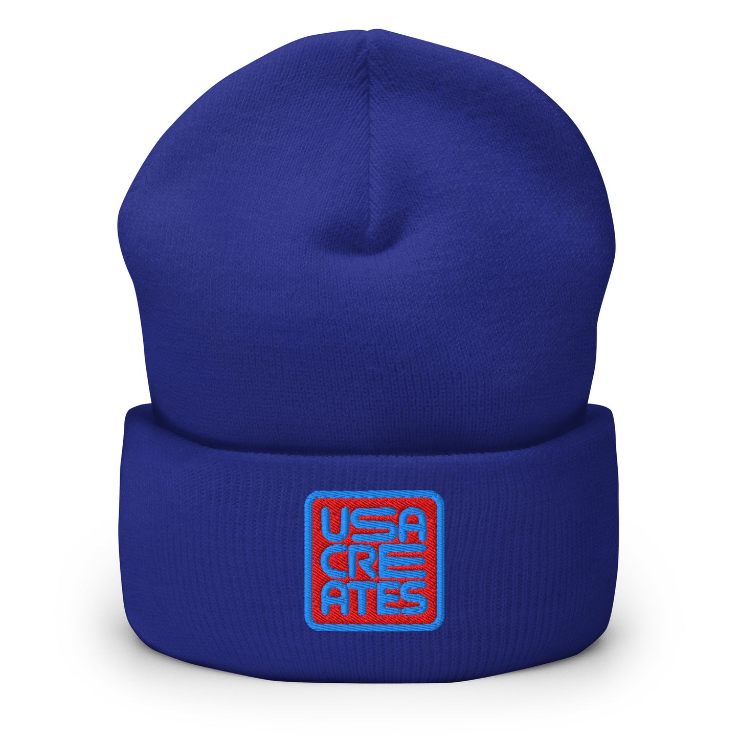 USA CREATES Signature Red Base Beanie, blue front view with embroidered USA CREATES mark