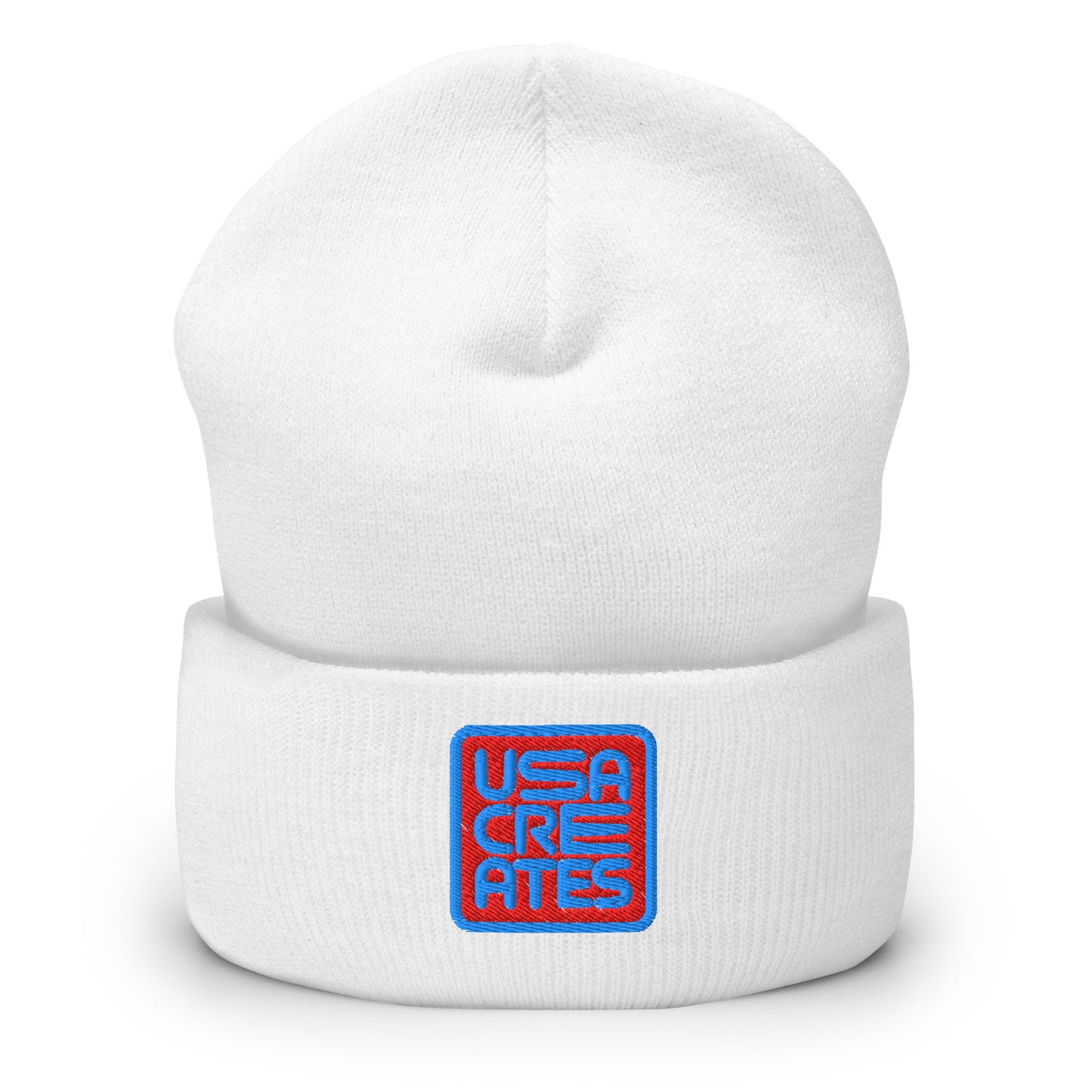 USA CREATES Signature Red Base Beanie, white front view with embroidered USA CREATES mark