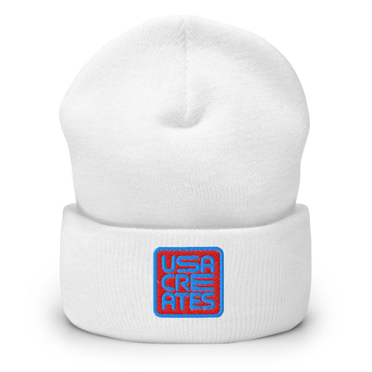 USA CREATES Signature Red Base Beanie, white front view with embroidered USA CREATES mark