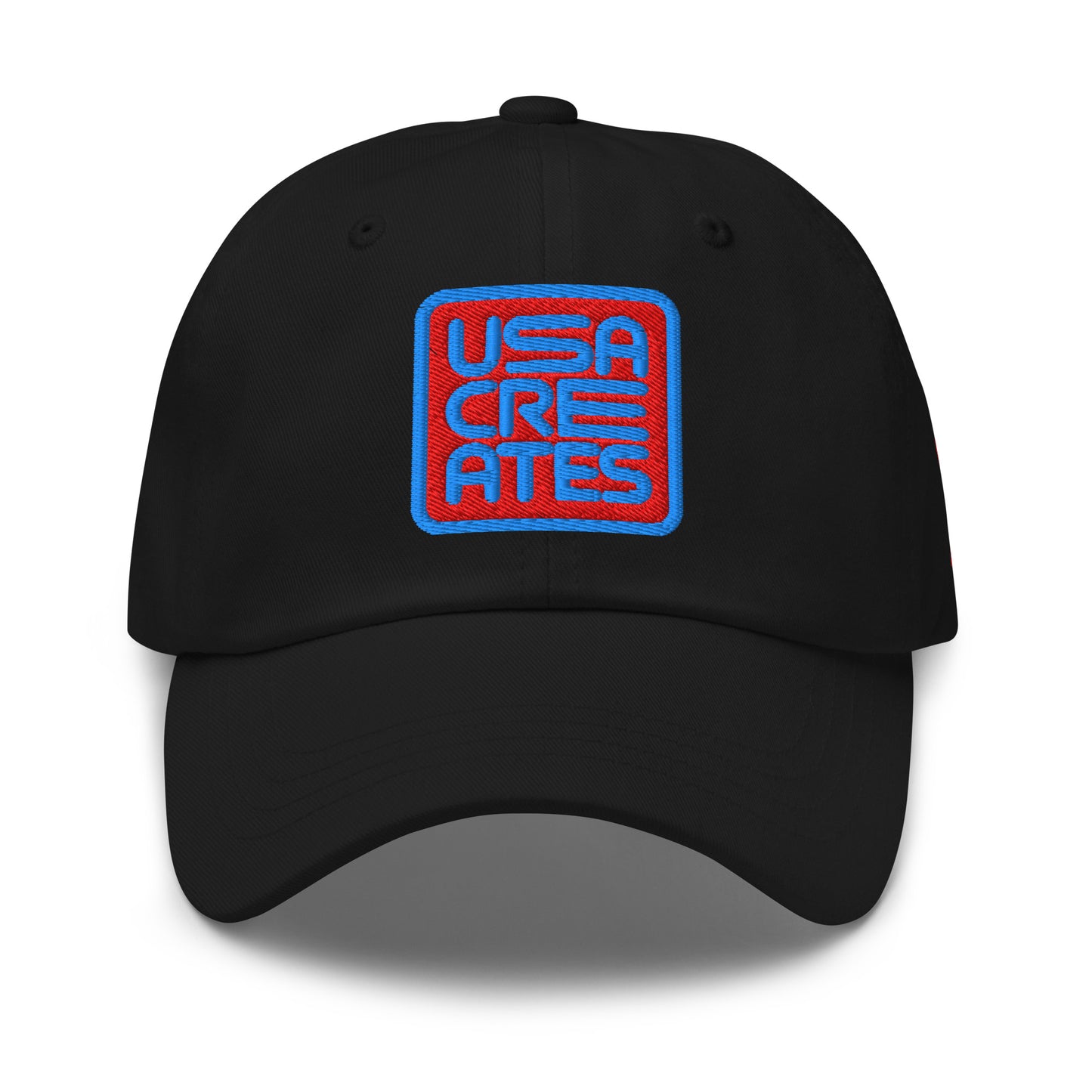 USA CREATES Signature Red Base Cap, black front view with embroidered USA CREATES mark