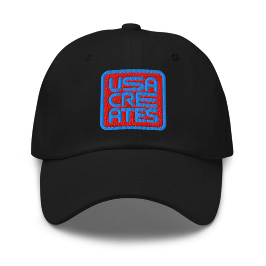USA CREATES Signature Red Base Cap, black front view with embroidered USA CREATES mark